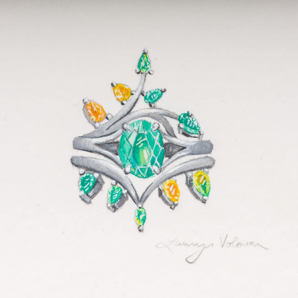 The watercolor rendering of our client's vision for her rings. She wanted an organic vine-like set utilizing greens, teals and yellows.