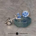 Two Medium Blue Sapphire Earrings, 3.5-5.0 mm (Heated), each set in silver prong settings, are artistically arranged on a textured gray surface. One earring is laid flat while the other stands upright, supported by a rough teal stone. The "Earth's Treasury" logo is at the bottom center.