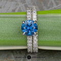 The "Marina" ring in platinum with 1.79-carat Montana sapphire, alongside the deluxe pave band in platinum