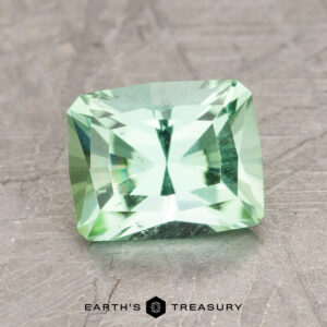 An image labeled "Earth's Treasury" showcases product ET1412, a radiant-cut, light green rectangular gemstone resting on a textured gray surface.