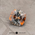 A close-up shot of a 1.02-carat gray-orange particolored Montana sapphire, revealing its enchanting blend of smoky gray and fiery orange hues. The background features a muted, textured surface, with the "EARTH'S TREASURY" logo and text prominently displayed at the bottom of the image.