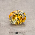 A 0.90-carat faceted, round sapphire in a rich yellow hue rests on a textured gray surface, with "Earth's Treasury" displayed below.